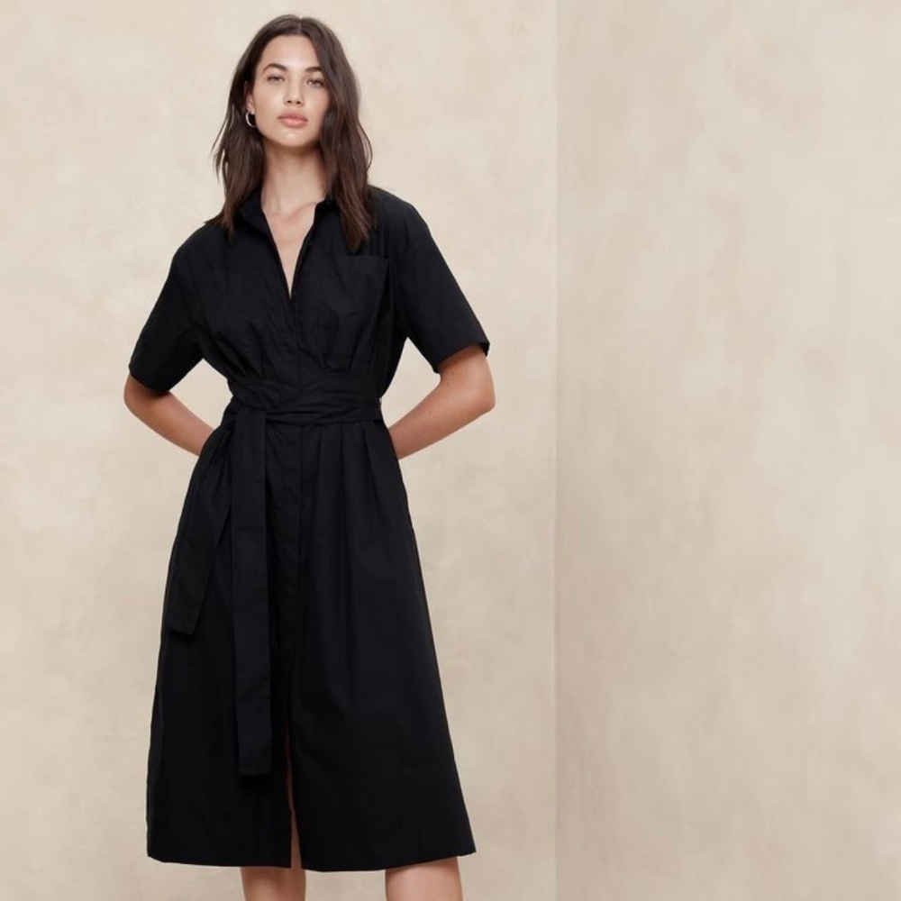 Nwt! Banana Republic Black Poplin Midi Shirtdress 462407 5